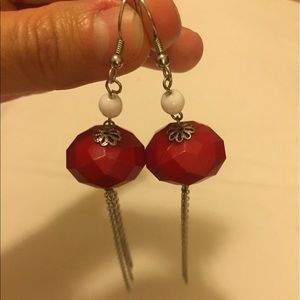 Red and White Beaded Dangle Earrings